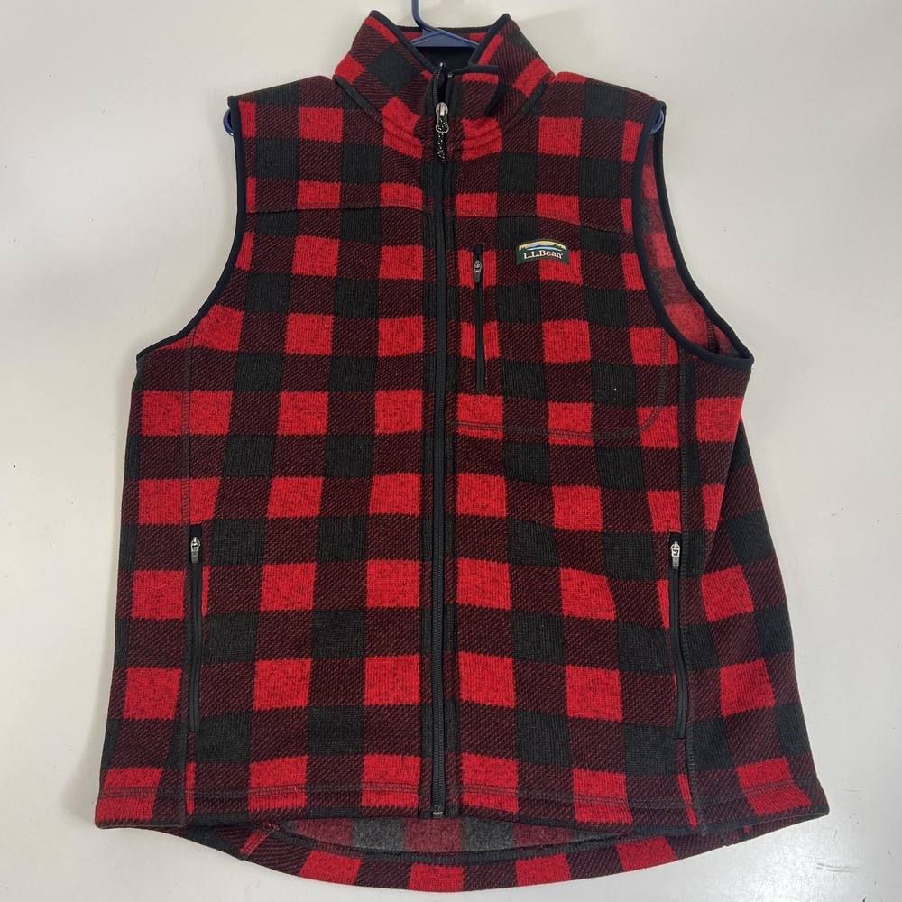 L.L. Bean Vest Mens Medium Red Plaid‎ Fleece Full Zip Insulated Outdoor Winter